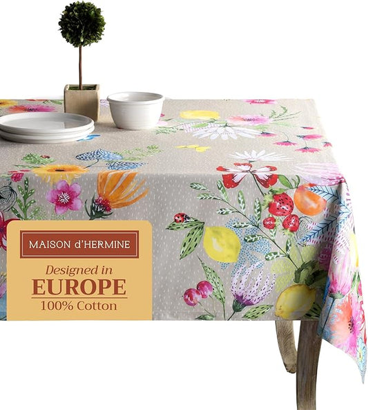 Maison d' Hermine Table Cloth Rectangle Table 100% Cotton 54 x 72 Inches Tablecloth Reusable Decorative for Dining Room, Farmhouse, Home, Party, Festive & Wedding Spring Summer - Jardin D'Ete - Fog