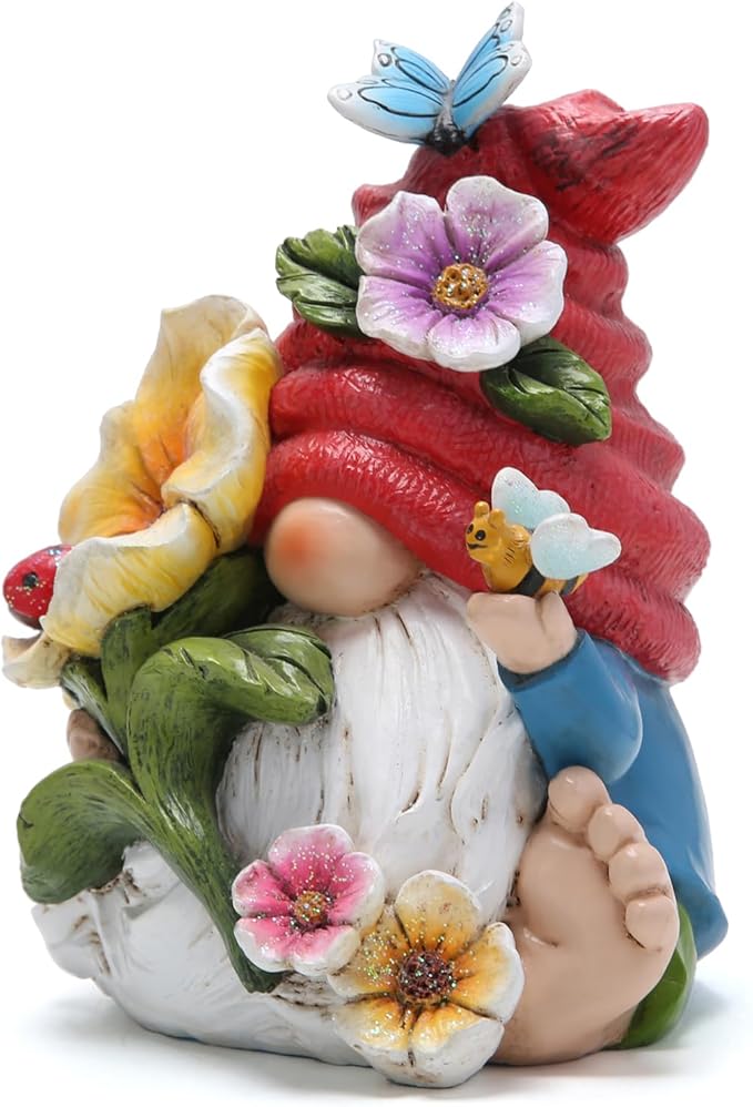 Hodao Gnome Figurine Decorations Indoor Home Decor Butterfly Bee Seven Star Ladybug - Dancing Spring Petal Gnome - Summer Garden Patio Gnome Sculpture Decorations (Flower gnome)
