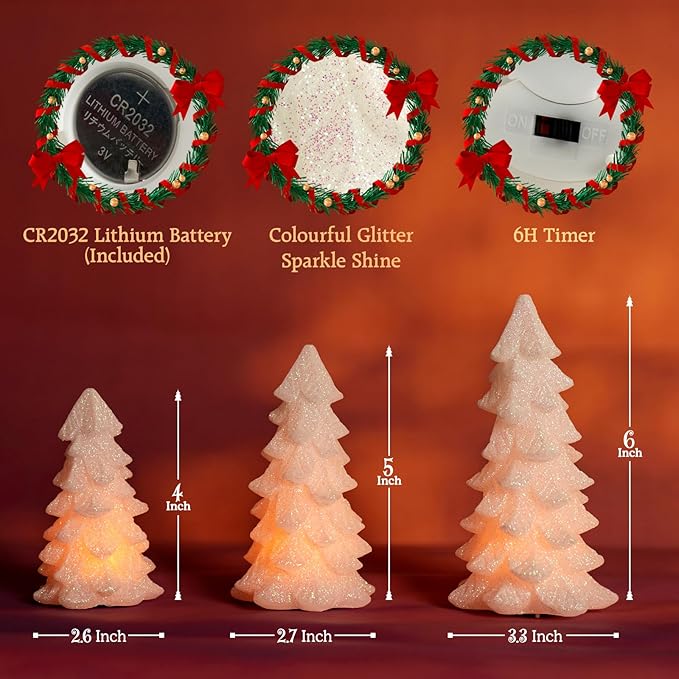 White Glittering Christmas Tree Shaped Flameless Candles with Timer, Real Wax Flickering Battery Operated LED Candles for Christmas Home Party Decoration Set of 3