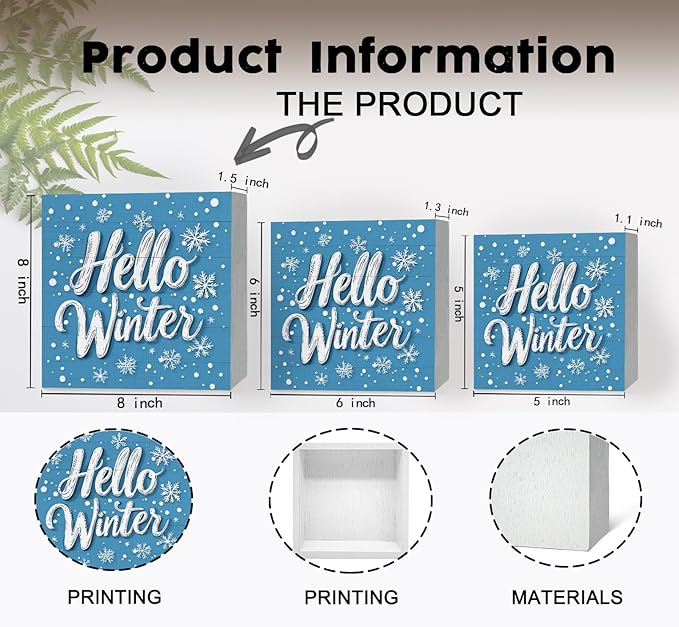 Hello Winter Sign, Blue Winter Snowflake Wooden Box Sign, Blue Christmas Decorations, Farmhouse Christmas Wood Signs for Home Office Desk Table Shelf Decor, 8x8 Inch
