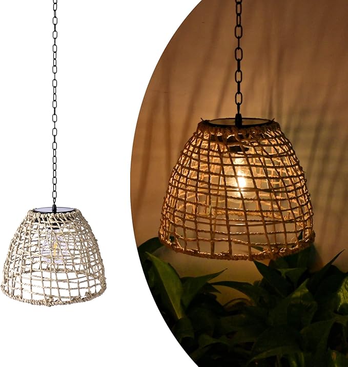 Vintage Rattan Basket Shade Solar Lantern Hanging Lighting Country Style Pendant Light Patio Garden Farmhouse Decoration Rustic Handmade Rattan Pendant Lamps.