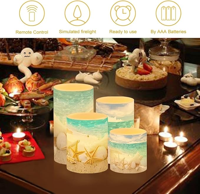 Flameless Candles Battery Powered with Multicolor Timer Remote Control Everlasting Fake Candles for Party Garden Indoor Outdoor Coastal Decor, Beach Coastal Multi