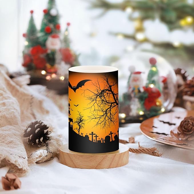 ALAZA Orange Halloween Castle Bat Flickering Flameless Candles Battery Operated with Remote Timer,Tea Light Candles LED Pillar Votive Candles Set of 2 for Outdoor Indoor Decorations 14