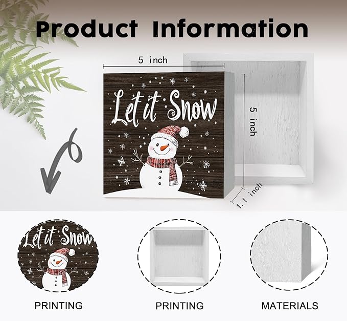 Let It Snow Sign, Christmas Snowman Snowflake Wooden Box Sign, Snowman Christmas Decorations, Winter Wood Signs for Home Office Desk Table Shelf Decor, 5x5 Inch