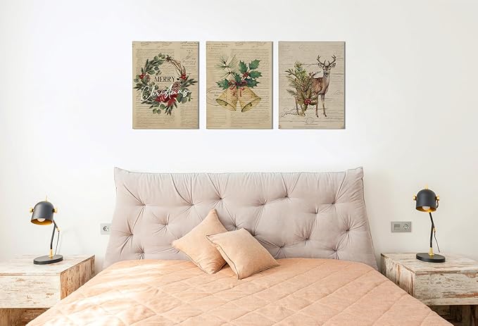 BIWSHA Christmas Wall Art Prints,Winter Retro Wall Posters Aesthetic Wall Art Set of 3,Reindeer Merry Christmas Decor Wall Prints for Living Room Bedroom Porch,11×14 Inch