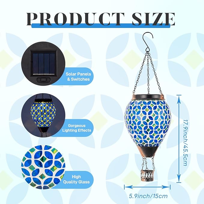 Mosaic Hot Air Balloon Solar Lantern with Flickering Flame, Blue Mosaic Hanging Solar Lantern Lights Outdoor Waterproof for Garden Patio Gifts for Women Mom Grandma