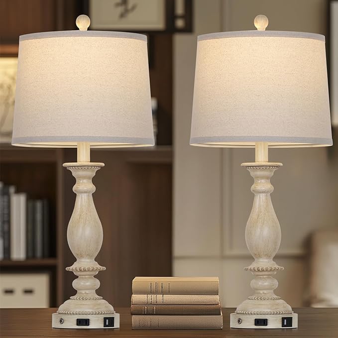 28" Tall Farmhouse Table Lamps for Living Room Set of 2,Vintage Rustic Beige Bedside Touch Lamp with USB C+A Ports & AC Outlet, 3-Way Dimmable Resin Nightstand Lamp for Bedroom Entryway Office