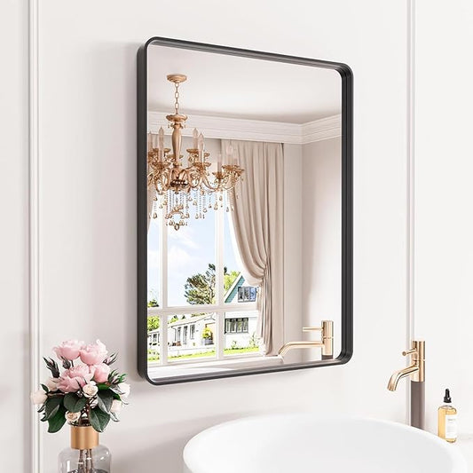 Black Bathroom Mirror 24X32 Inch, Black Metal Framed Mirror for Wall, Rounded Rectangle Matte Bathroom Vanity Mirror with Tempered Glass, Anti-Rust, Horizontal/Vertical