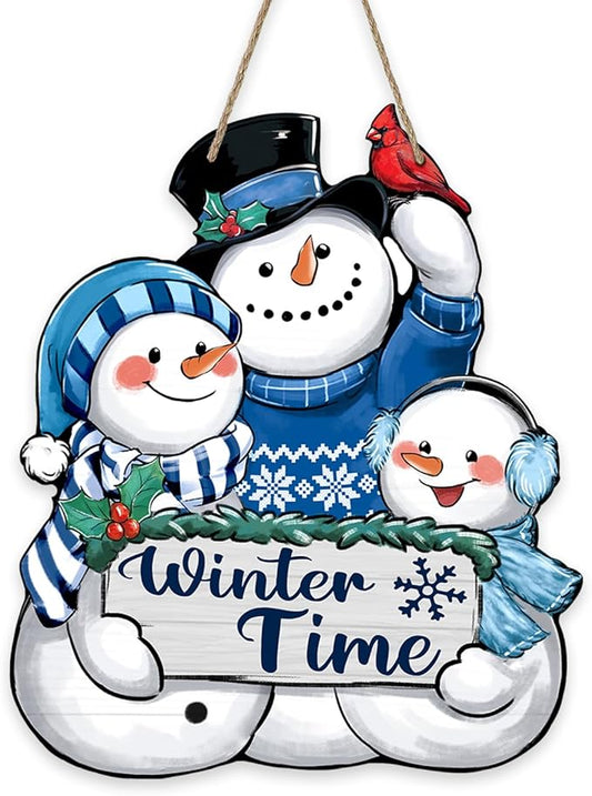Winter Time Snowman Blue Front Door Sign, Cardinal Red Bird Wood Door Hanger Outdoor Outside Porch Decor, Christmas Seasonal Wooden Wreath Indoor Wall Hanging Decoration