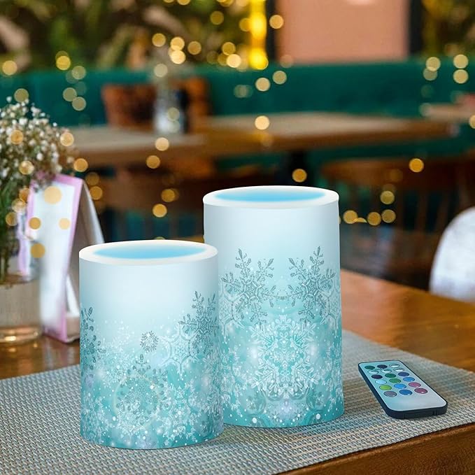 Silver Winter Teal Turquoise Snowflakes Christmas Flickering Flameless Candles Battery Operated with Remote Timer,Tea Light Candles LED Pillar Votive Candles set of 2 for Outdoor Indoor Decorations