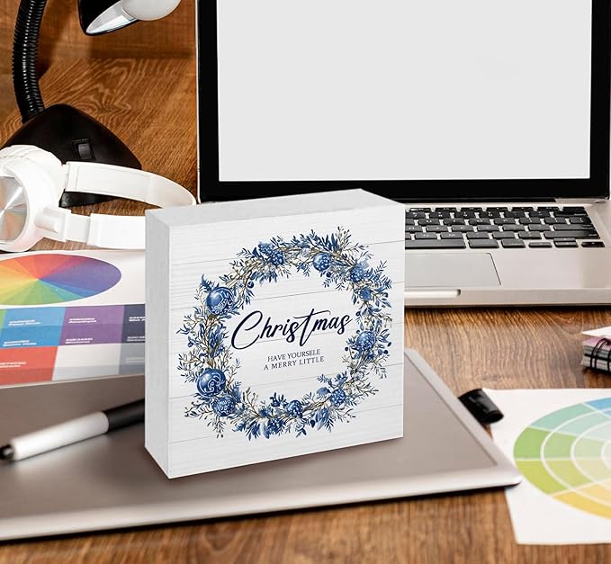 Have Yourself a Merry Little Christmas Sign, Blue Christmas Wreath Wooden Box Sign, Christma Wreath Decorations, Christma Wood Signs for Home Office Desk Shelf Table Decor, 6x6 Inch