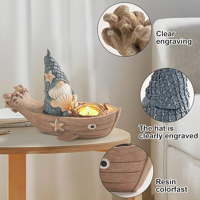 Beach Gnome Figurine Decor, Resin Ocean Nautical Statue for Home Office Tabletop Bathroom Indoor, Summer Pool Ornaments Outdoor Gift