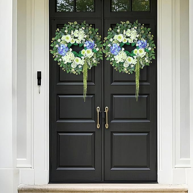 26" Hydrangea & Eucalyptus Wreath for Front Door, Porch, Window - Large Artificial Silk Flowers Outdoor Wreath for Home, Farmhouse, Wedding Decor - Spring, Summer, All Seasons (White&Purple)