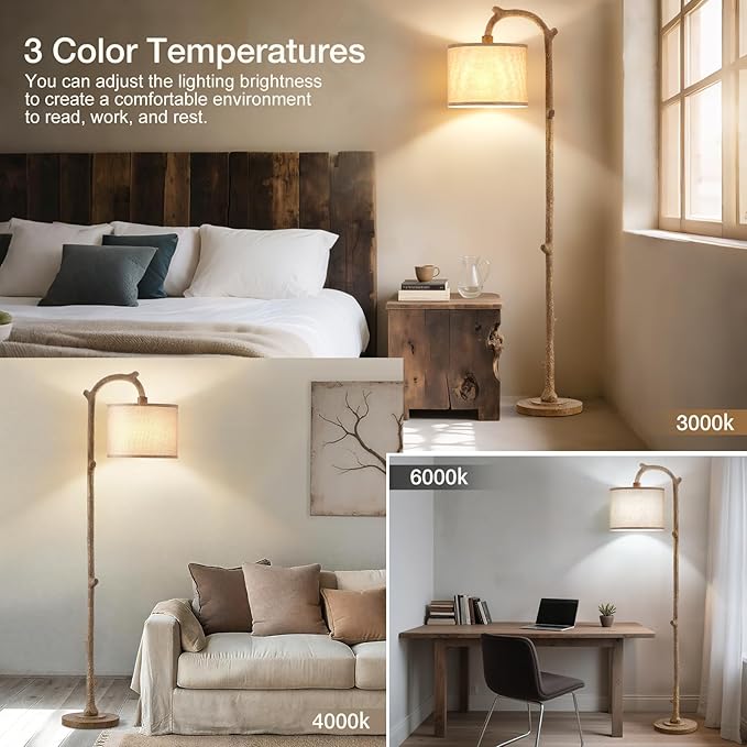 Floor Lamp for Bedroom - 69" Rustic Farmhouse Tall Lamp with Adjustable Color Temperatures - Country Resin Vintage Reading Light Standing Lamps for Living Room Office Classroom, Bulbs, Brown
