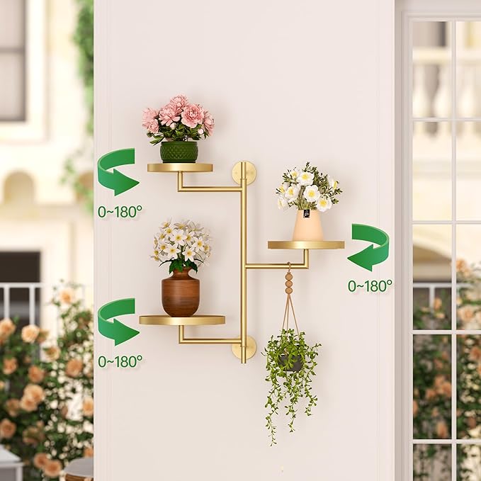 3-Tier Rotating Metal Window Plant Shelves Hanger, Wall-Mounted Gold Holder, Floating Shelf for Indoor Pots up to 6", Home Décor Gift for Plant Lovers