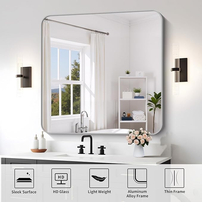 FORBATH 42x42 Inch Silver Bathroom Mirror for Over Sink, Large Square Wall Mirror with Metal Frame, Rounded Corners for Bathroom, Bedroom, Entryway Decor (Horizontal or Vertical)
