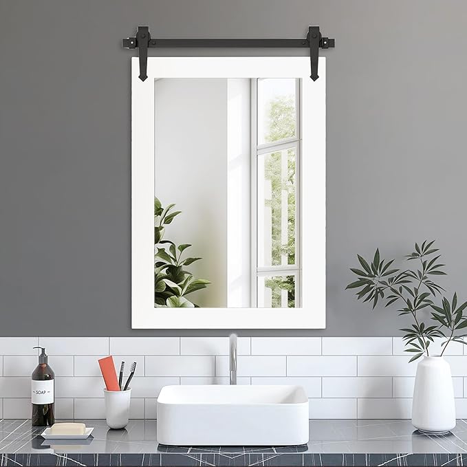 Bathroom Mirror for Over Sink 26”x40” Farmhouse Barn Door Mirror Rustic Wood Framed Wall Mirror for Bathroom, Bedroom, Entryway (Bright White)