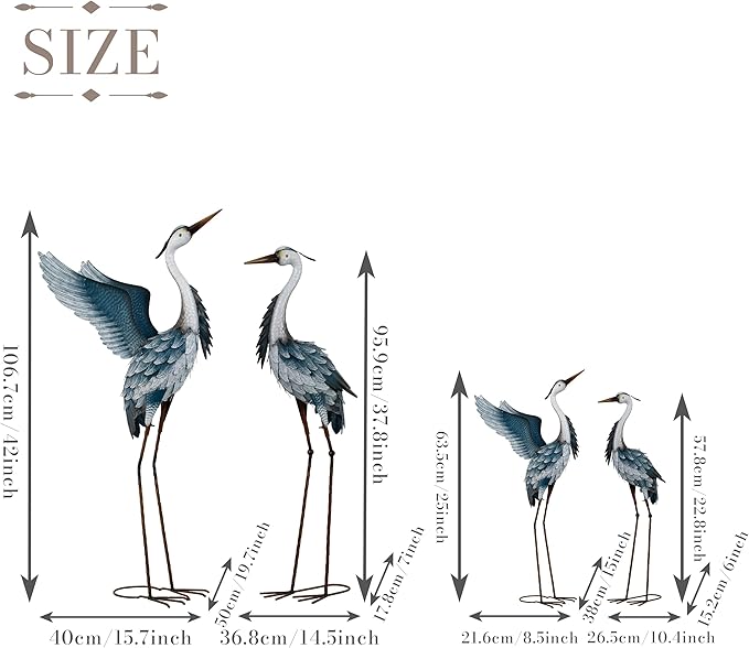 TERESA'S COLLECTIONS Garden Decor Blue Heron Yard Art, 38-42" Large Metal Cranes Sculptures & Statues Decoy for Outdoor Indoor Decorations, Outside Patio, Pool, Lawn, Set of 2, Spring,Gift for Mom