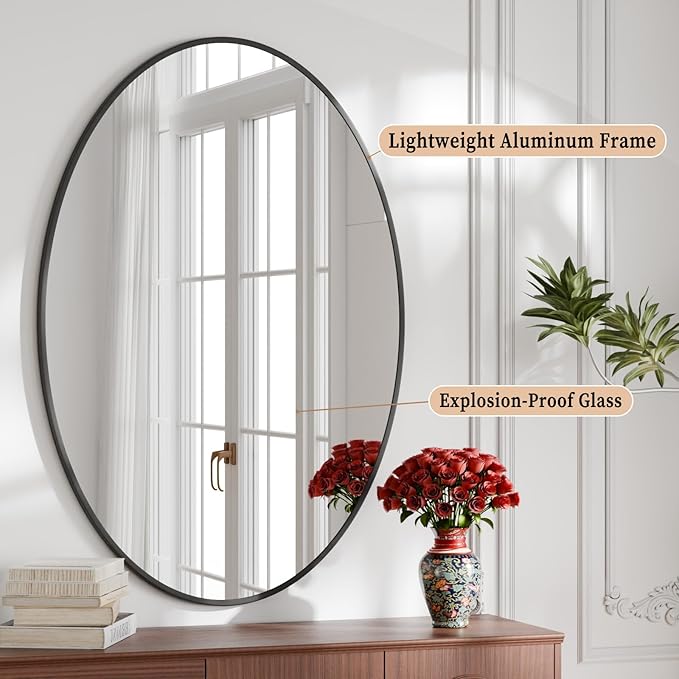 26"x38" Oval Bathroom Mirror with Black Metal Frame - Hanging or Leaning Oval Wall Mirror for Bathroom, Bedroom, Living Room, Entryway