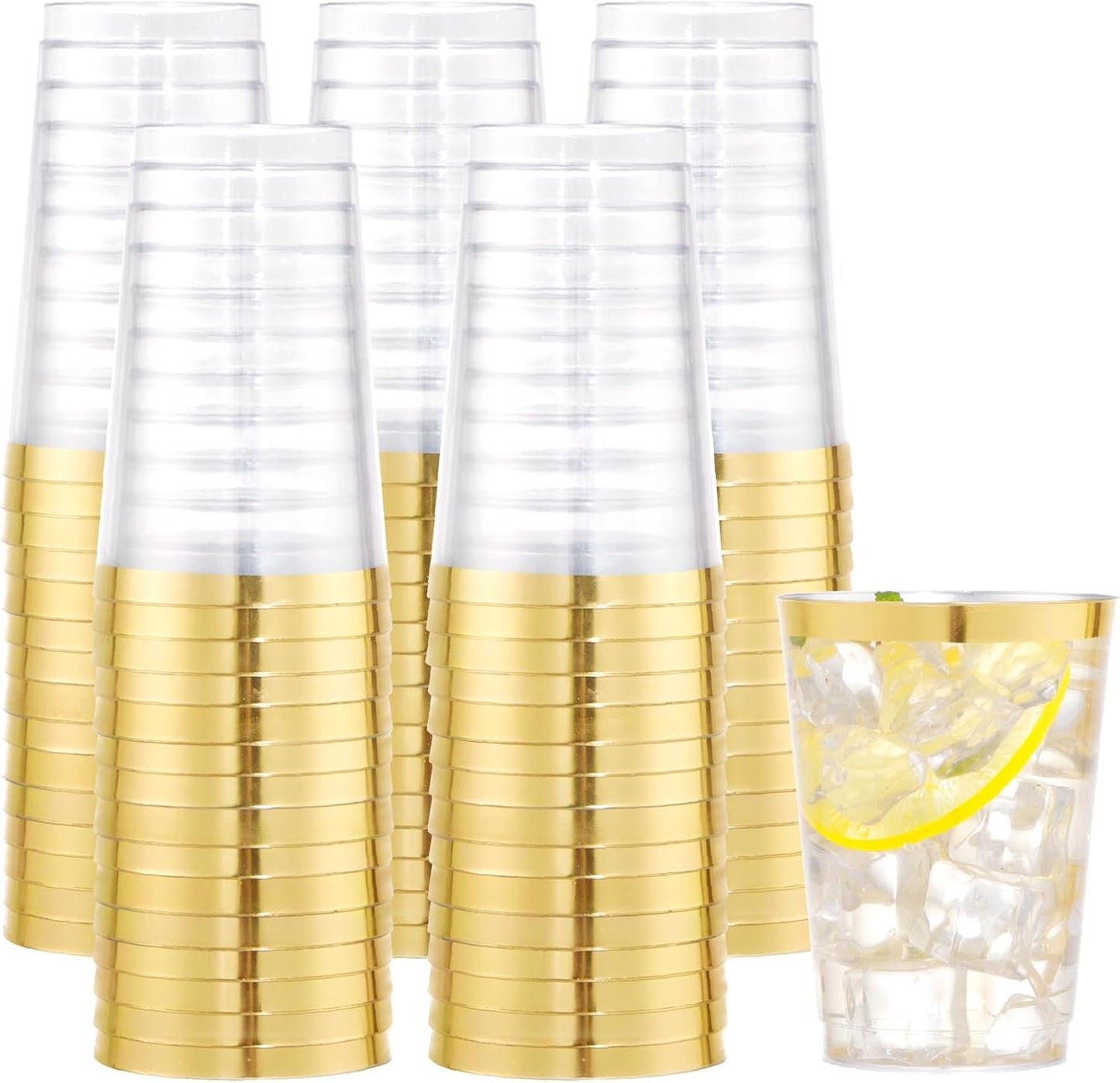 I00000 100PCS Gold Plastic Cups,10 oz Clear Plastic Cups with Gold Trim, Beer Mugs，Disposable Hard Cup For Party, Premium Cup Perfect for Wedding & Party