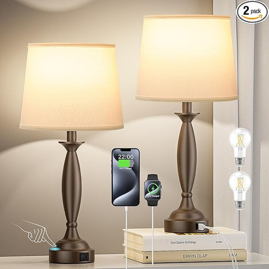 Seealle White Brown Lamps for Bedrooms Set of 2 - Touch Control Bedside Lamp with USB C+A, 3 Way Dimmable Nightstand Lamps with USB Port, Table Lamp for Living Room(White Shade and Brown Base)
