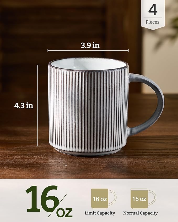 famiware Coffee Mug Set for 4, Star 16 oz Catering Mugs Cup Set with Handle for Coffee, Tea, Cocoa, Milk - Ceramic Stoneware Drinkware Set, Smoky Blue