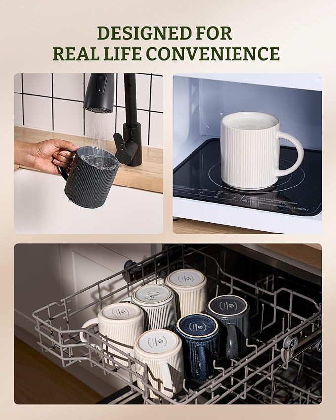 famiware Coffee Mug Set for 4, Star 16 oz Catering Mugs Cup Set with Handle for Coffee, Tea, Cocoa, Milk - Ceramic Stoneware Drinkware Set, Matte White + Matte Dark Charcoal