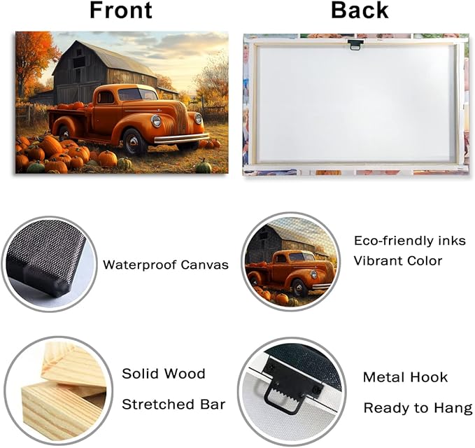 Pumpkin Wall Art Autumn Harvest Canvas Wall Decor Rustic Farmhouse Truck Picture Fall Painting Vintage Artwork for Living Room Bedroom Home Halloween Decor Framed(Art-3,16.00"x24.00")