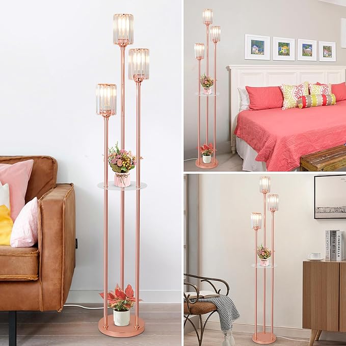 HMVPL Pink Floor Lamp for Living Room, Crystal Floor Lamp with Shelves, Girls Standing Lamp with Table, Modern Corner Lamp with On/Off Switch, Unique Tall Lamp for Bedroom Nursery Office