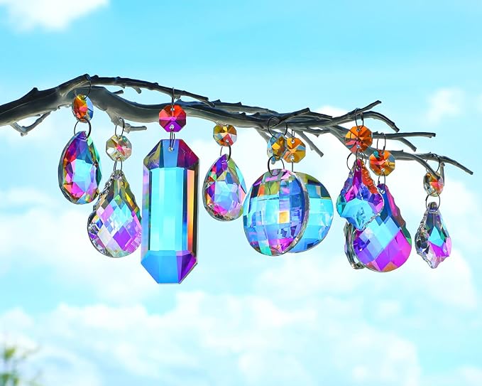 15pcs Colorful Crystal Suncatcher Hanging Chandelier Prisms Pendant with Crystal Octagon Bead Decor for Home Garden Wedding DIY Ornament