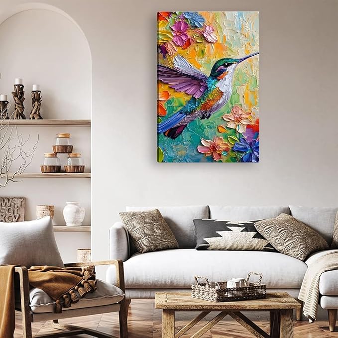 2D No Texture Colorful Painting Hummingbird Canvas Wall Art, Spring Flower Wall Decor, Humming Bird Picture for Wall Living Room Bathroom Bedroom Home Decoration 16*24 in (Stretched Canvas on A Wooden Frame)