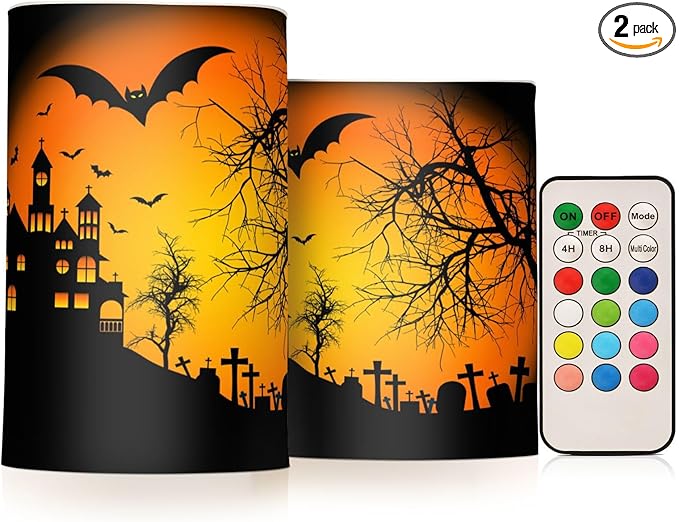 ALAZA Orange Halloween Castle Bat Flickering Flameless Candles Battery Operated with Remote Timer,Tea Light Candles LED Pillar Votive Candles Set of 2 for Outdoor Indoor Decorations 14