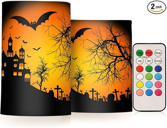 ALAZA Orange Halloween Castle Bat Flickering Flameless Candles Battery Operated with Remote Timer,Tea Light Candles LED Pillar Votive Candles Set of 2 for Outdoor Indoor Decorations 14