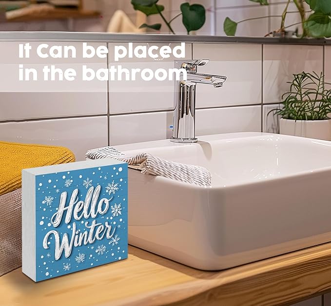 Hello Winter Sign, Blue Winter Snowflake Wooden Box Sign, Blue Christmas Decorations, Farmhouse Christmas Wood Signs for Home Office Desk Table Shelf Decor, 5x5 Inch