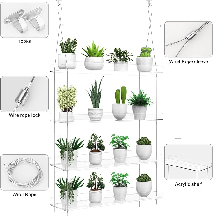 4-Tier Hanging Clear Plant Shelves for Windows, Acrylic Window Wall Plant Stand Shelf for Kitchen Indoor Gardens, Flower, Succulents, Herb, Seedling Organization, and Pots Display, 16 Inch per Tier