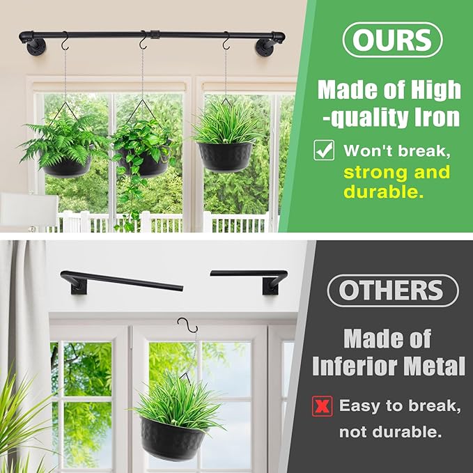 Plant Hanger Indoor, 34.2in Strong Load-Bearing Hanging Plant Holder, Window Plant Rod Black Metal Bar for Wall Ceiling Decor Shelves, 1 Pcs (Pot Chain & Plant Not Included)
