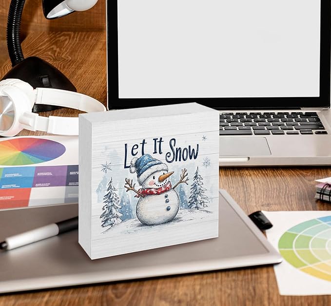 Let It Snow Sign, Christmas Snowman Wooden Box Sign, Farmhouse Winter Wood Signs For Home Office Desk Shelf Table Decor, Snowman Christmas Decorations, Winter Home Decor, 6x6 Inch