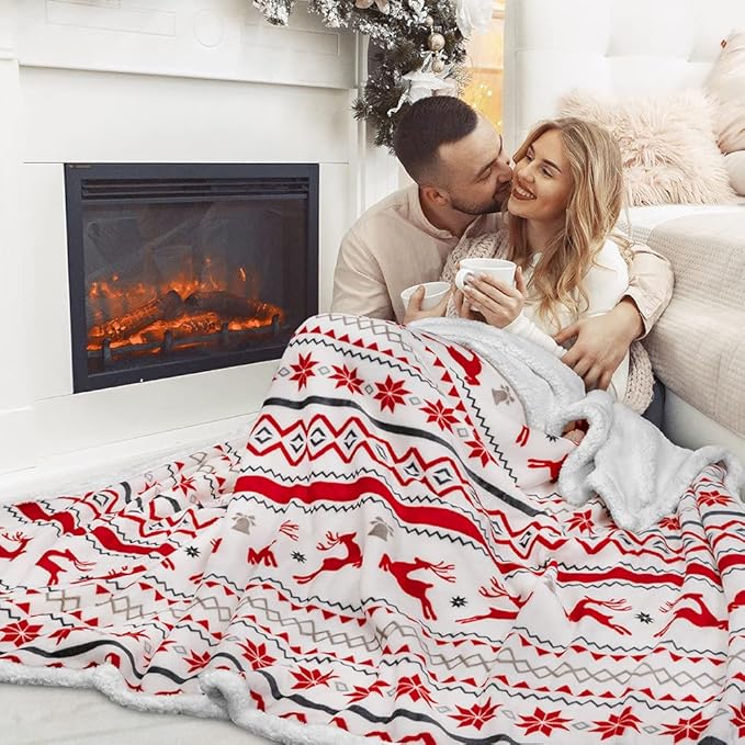 PAVILIA Red White Snowflake Reindeer Christmas Sherpa Throw Blanket, Soft Reversible Fleece Sherpa 50x60 Winter Blanket for Couch & Bed, Christmas Decor