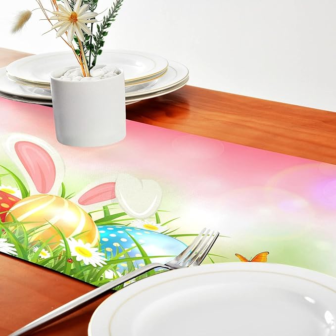 ALAZA Double-Sided Spring Pink Background with Rabbit and Easter Eggs Table Runner 18x72 Inches Long,Table Cloth Runner for Wedding Birthday Party Kitchen Dining Home Everyday Decor