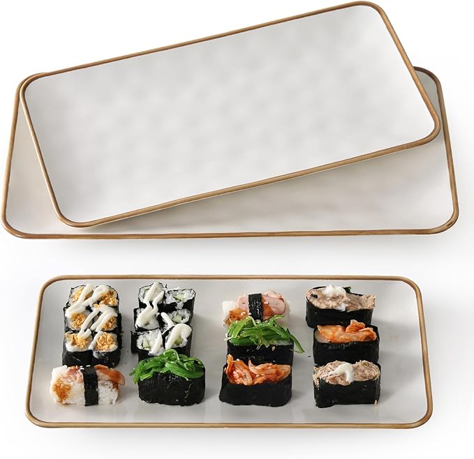 Ceramic Rectangle Serving Platter with Brown Rim: 15.6/14.1/12.6 Inch Large Serving Dishes for Entertaining Party, Turkey, Cheese, Sushi, Snack and Dessert, Microwave Dishwasher Safe