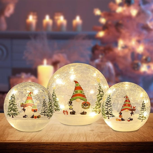 PHITRIC Christmas Decorations Indoor, 3 PCS Sparkling Christmas Gnomes Globes with LED Lights and Timer, Xmas Table Decor Centerpieces Crackle Glass Ball for Fireplace, Home, Tabletop, Mantel, Shelf