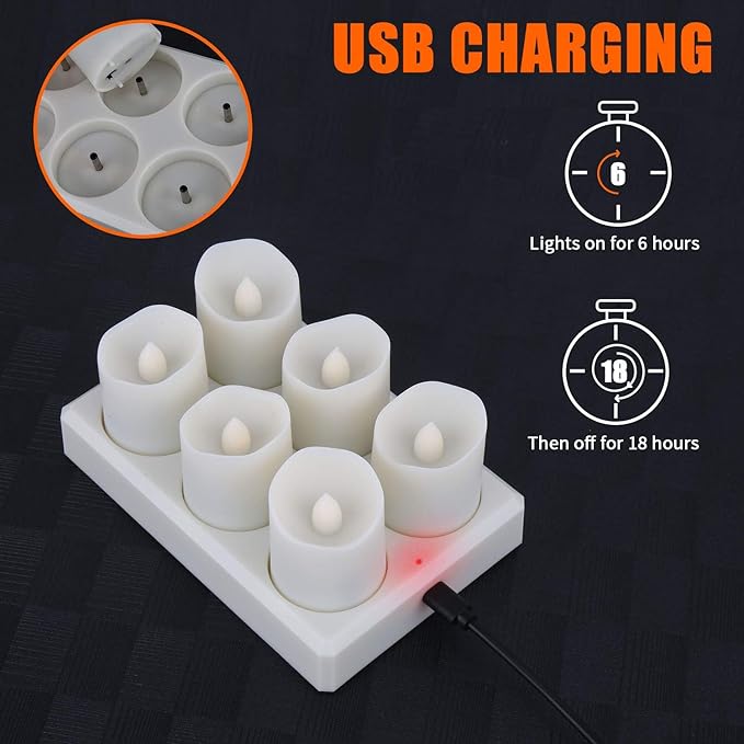 Rechargeable Tea Lights LED Flameless Christmas Candles, Set of 6 Electric Votive Tealights Flickering Candle with Remote Timer and Charging Holder for Home Centerpiece Party Holiday Decorations