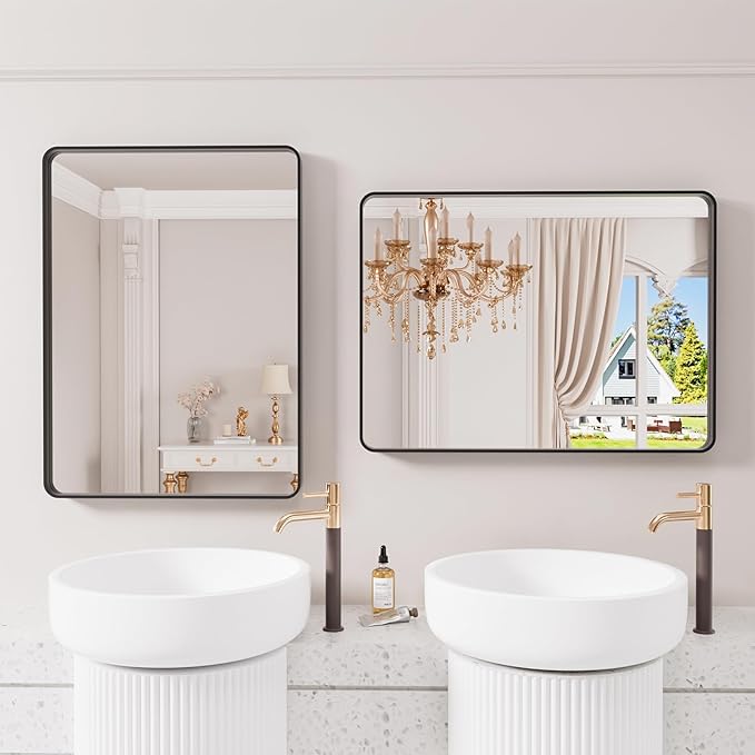 Black Bathroom Mirror 22X30 Inch, Black Metal Framed Mirror for Wall, Rounded Rectangle Matte Bathroom Vanity Mirror with Tempered Glass, Anti-Rust, Horizontal/Vertical