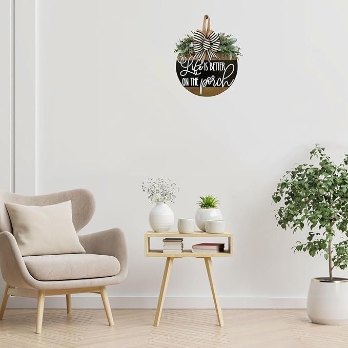 Life Is Better On The Porch Welcome Sign for Front Door, Rustic Round Wooden Wreaths Wall Hanging Outdoor Decor,Holiday Spring Summer Winter Fall Porch Fence Decorations for Home Gifts