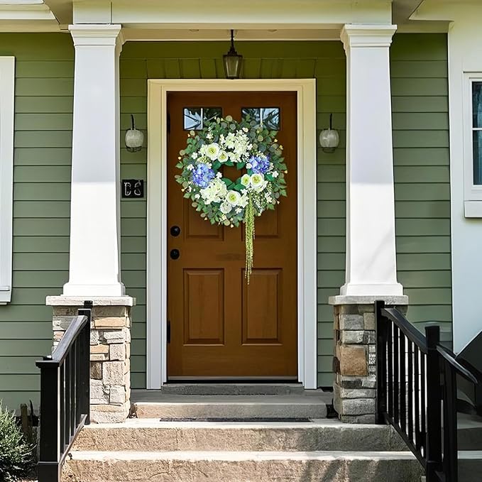 26" Hydrangea & Eucalyptus Wreath for Front Door, Porch, Window - Large Artificial Silk Flowers Outdoor Wreath for Home, Farmhouse, Wedding Decor - Spring, Summer, All Seasons (White&Purple)