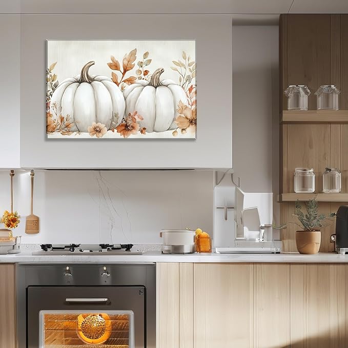 Fall Canvas Wall Art White Pumpkin Picture Wall Decor Maple Leaf Prints Autumn Harvest Thanksgiving Vintage Painting for Home Decor Framed(Picture-2,12.00"x18.00")