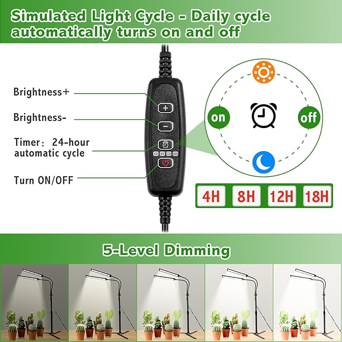Grow Lights for Indoor Plants, Full Spectrum LED Tabletop Plant Lights for Indoor Growing, Dual-Head Gooseneck Plant Lamp with 5 Dimmable & Auto On/Off 4/8/12/18H Timer, Height Adjustable 9.8-25''