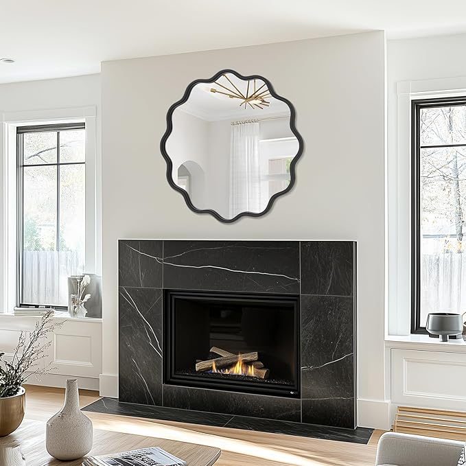 PROHOMEWARE Black Round Mirror 30 Inch Wavy Bathroom Vanity Mirror Black Frame Modern Wall Mirror Decorative Wall-Mounte Anti-Rust, Tempered Glass