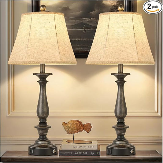 AIDENOEY 28.5" Traditional Table Lamp Set of 2, Rustic Farmhouse Table Lamps for Living Room Bedroom, Bedside Desk Lamps Vintage Nightstand Lamps with Silk Fabric Shades, Antique Silver Table Lamp