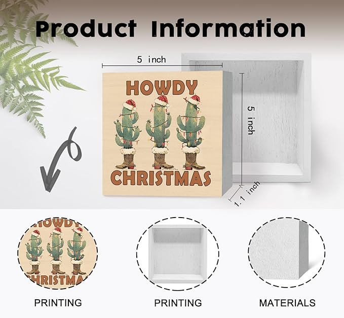 Howdy Christmas Western Cactus Cowgirl Boots Wooden Box Sign, Country Christmas Wood Signs For Home Office Desk Shelf Table Decor, Western Decorations, 5x5 Inch